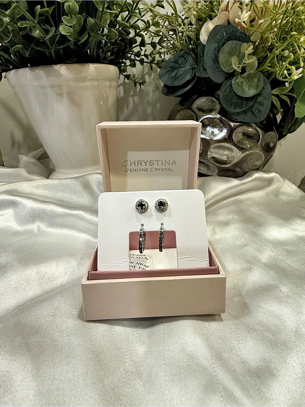 Christina Greene Crystal Drop Hoop Earrings in Black & Silver NWT